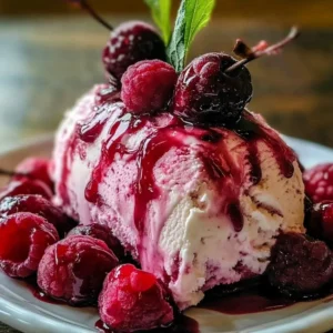 Cherry Raspberry Semifreddo dessert topped with fresh cherries and raspberries
