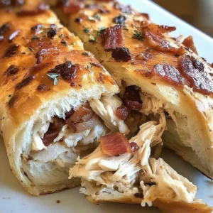 Delicious Chicken Bacon Ranch Stromboli with cheese and crispy bacon