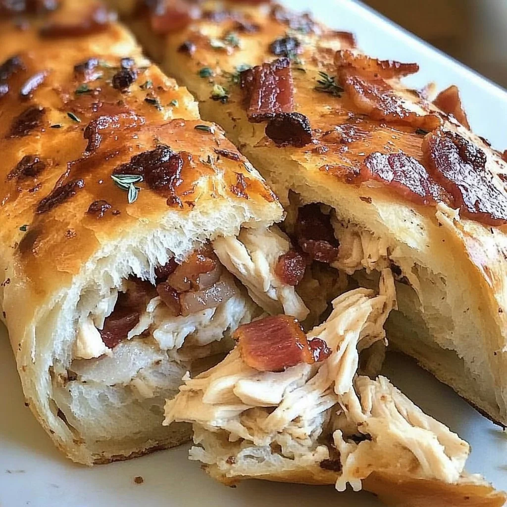 Delicious Chicken Bacon Ranch Stromboli with cheese and crispy bacon