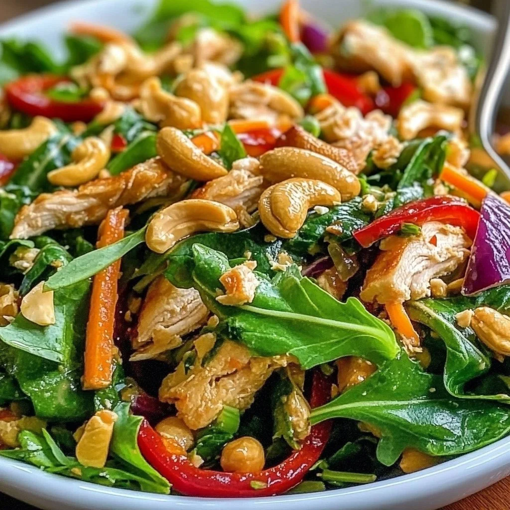 A vibrant Chicken Cashew Crunch Salad topped with fresh veggies and cashews