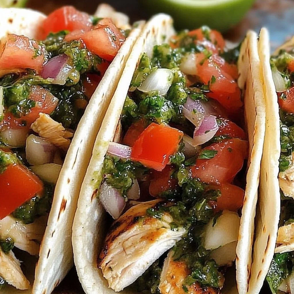 Delicious Chicken Chimichurri Tacos garnished with fresh herbs and spices.