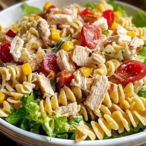 Delicious Chicken Club Pasta Salad in a bowl with fresh ingredients.