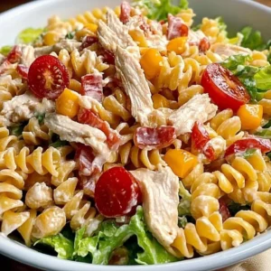 Delicious Chicken Club Pasta Salad prepared with fresh ingredients.