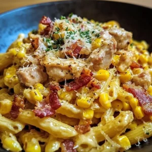 Delicious Chicken Corn Pasta with Bacon served in a bowl