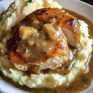 Delicious Chicken Garlic Gravy served over mashed potatoes on a plate