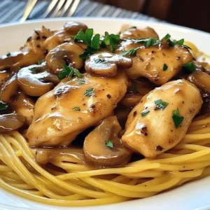 Delicious Chicken Marsala Pasta served with herbs and sauce