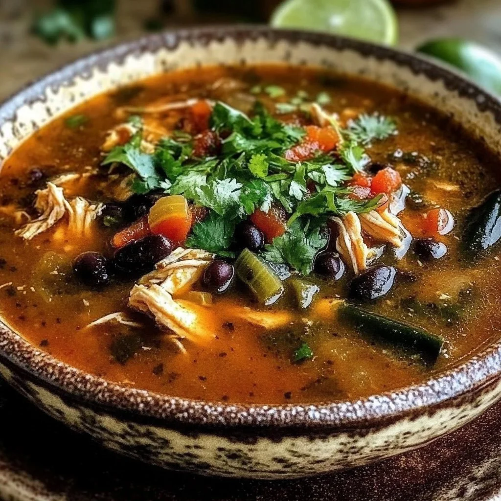 Delicious Chicken Poblano Soup with black beans, garnished with cilantro.