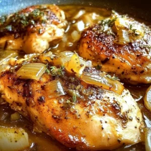 Delicious Chicken Riesling dish served with vegetables and herbs.