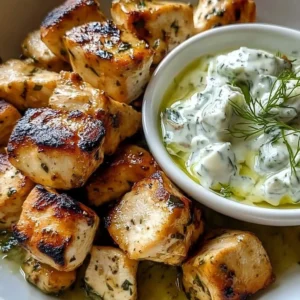 Chicken Tzatziki Skillet topped with fresh herbs and yogurt sauce