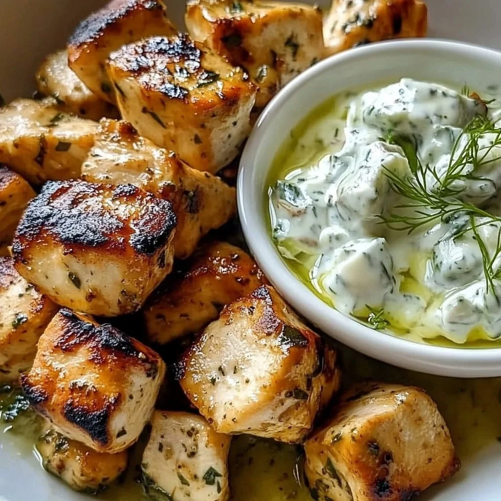 Chicken Tzatziki Skillet topped with fresh herbs and yogurt sauce