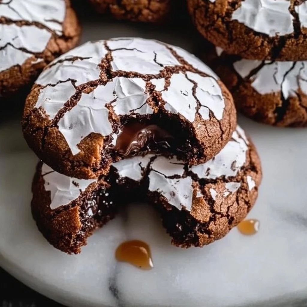 Batch of delicious chocolate crinkle cookies with powdered sugar dusting