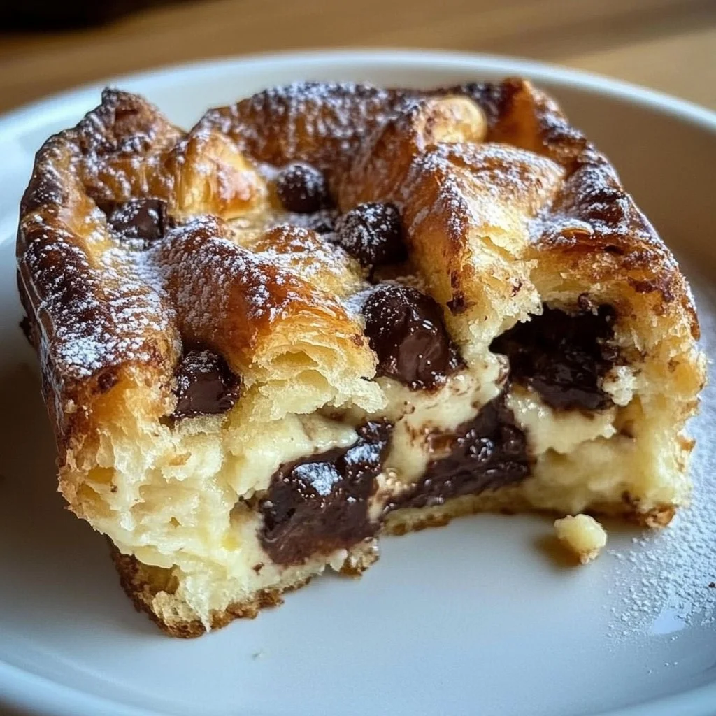 Chocolate croissant breakfast bake with melted chocolate and flaky pastry
