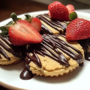 Chocolate dipped strawberry shortbread cookies on a plate