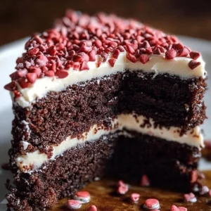 Decadent Chocolate Love Cake topped with rich chocolate frosting and sprinkles