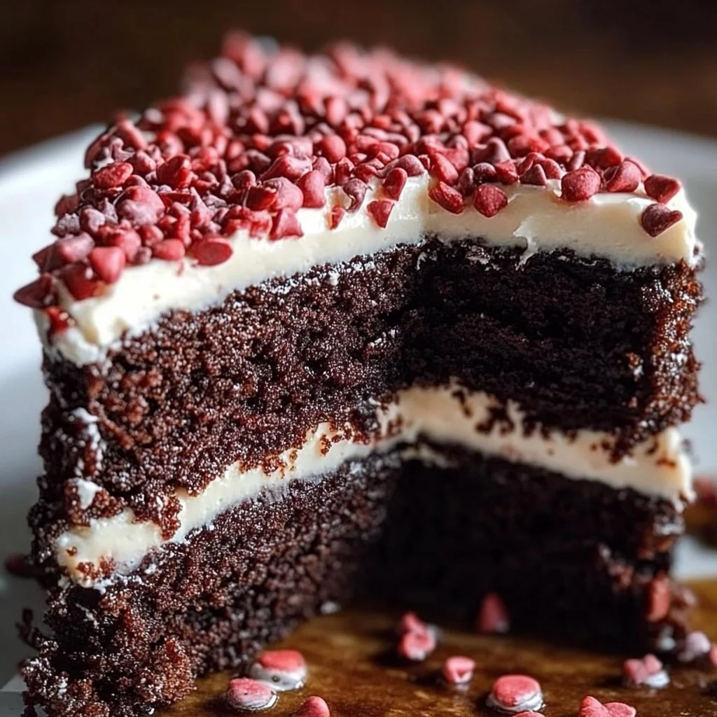 Decadent Chocolate Love Cake topped with rich chocolate frosting and sprinkles