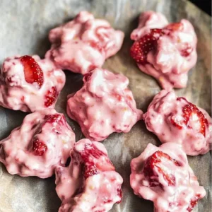 Chocolate Strawberry Yogurt clusters in a bowl, a delicious treat.