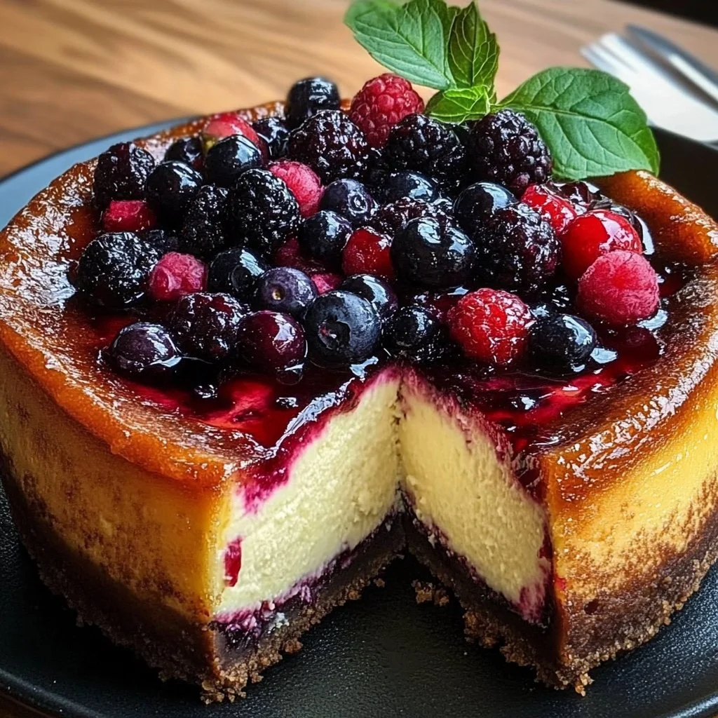 Citrus Berry Burnt Cheesecake topped with fresh berries and citrus zest