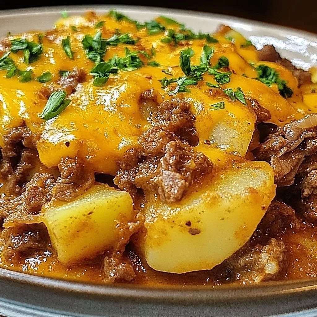 Delicious Cowboy Beef & Potato Casserole served in a rustic dish