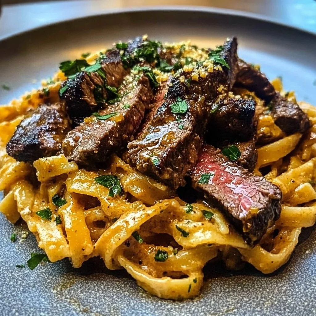 Delicious Cowboy Butter Steak Pasta served with herbs and spices