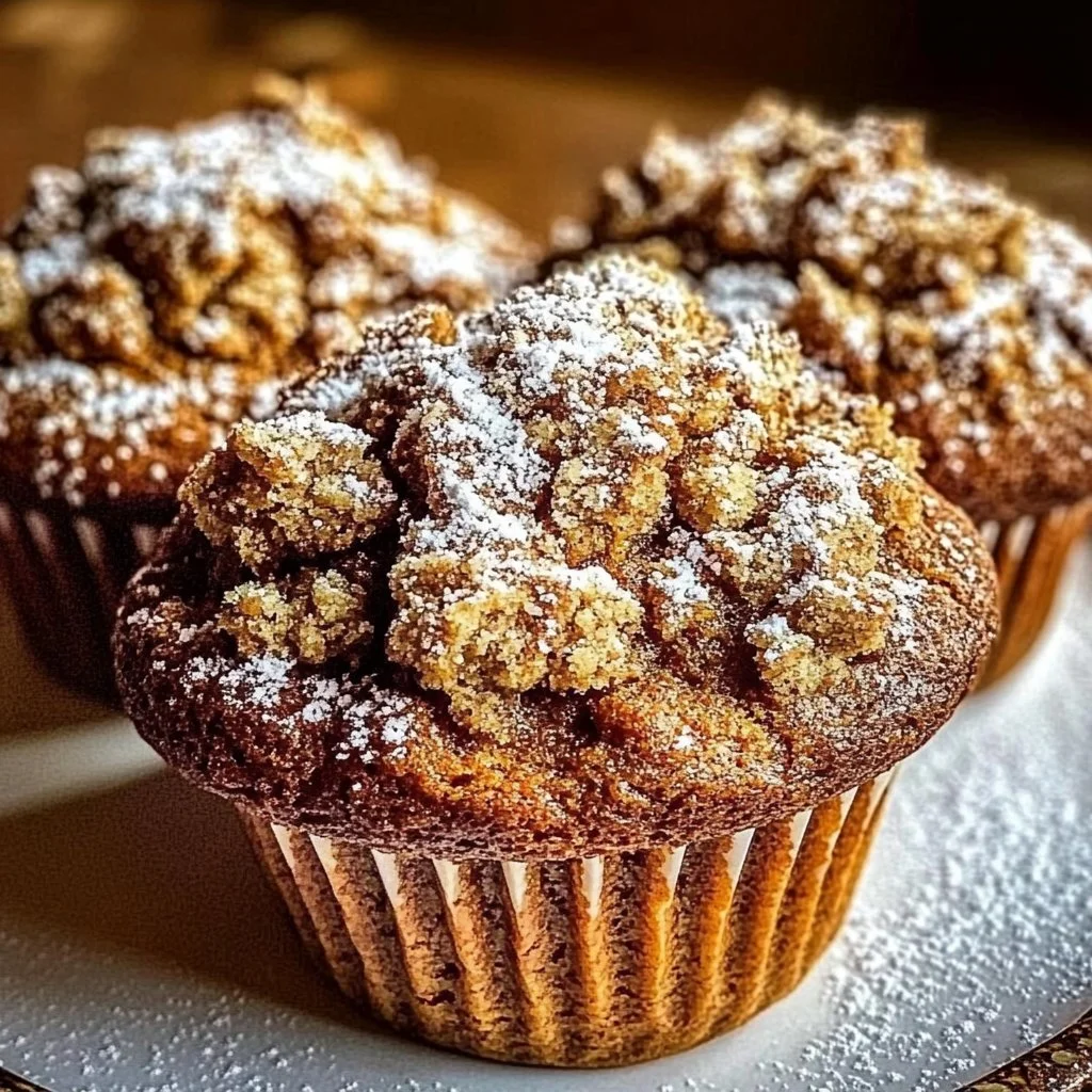 Freshly baked Gingerbread Coffee Cake Muffins on a wooden table
