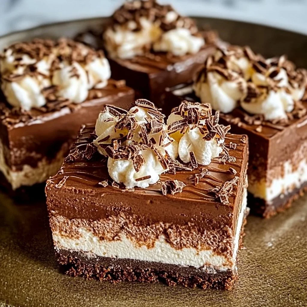 Delicious hot chocolate cheesecake bars topped with whipped cream and chocolate drizzle