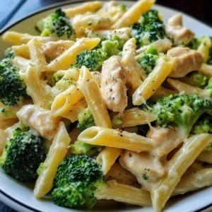 Creamy Broccoli Chicken Penne with fresh ingredients in a pan