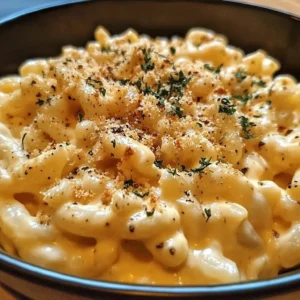 A delicious serving of creamy Chicken Mac and Cheese topped with herbs.