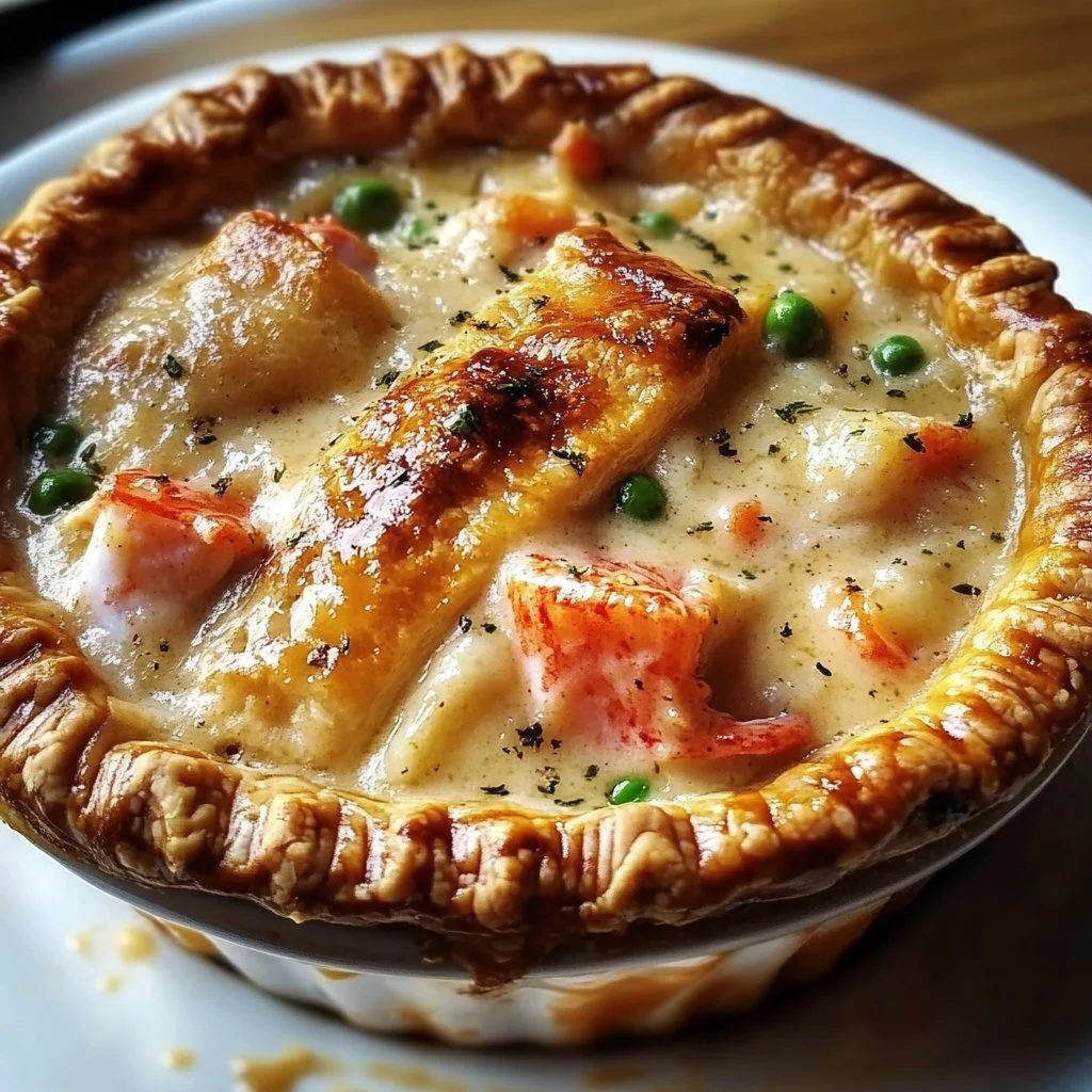 Delicious creamy lobster pot pie served in a rustic dish with a flaky crust.