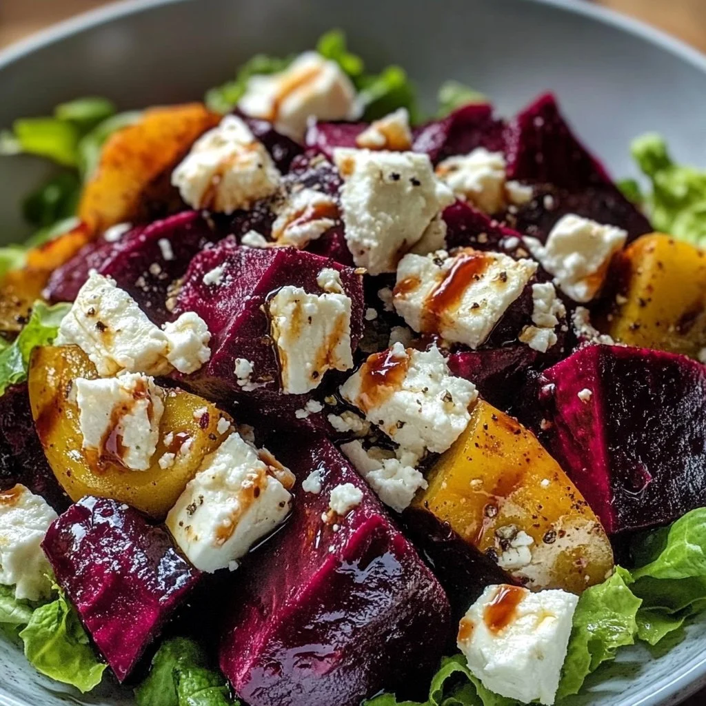 Creamy roasted beet salad with feta cheese and fresh greens