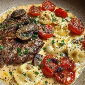 Creamy tomato mushroom ravioli with seared steak served on a plate