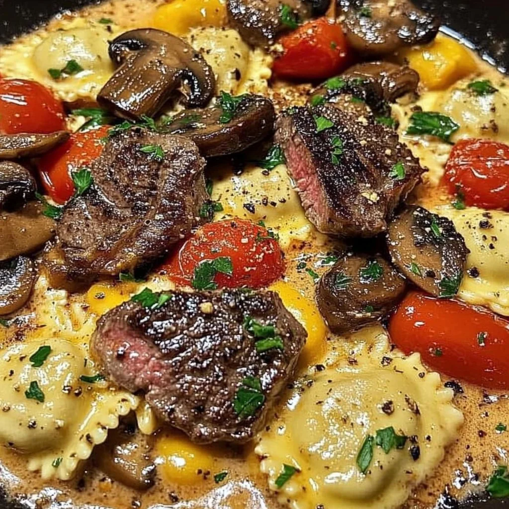 Creamy Tomato Mushroom Ravioli with Seared Steak