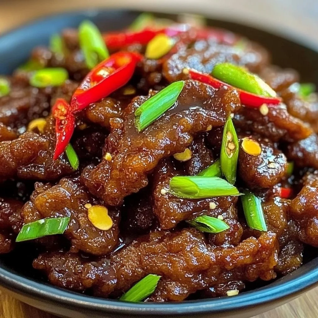 Plate of perfectly cooked Crispy Chilli Beef garnished with fresh herbs.