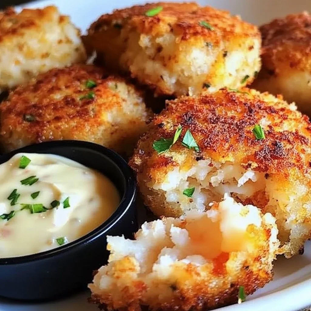 Crispy shrimp cakes served with lemon aioli on a plate