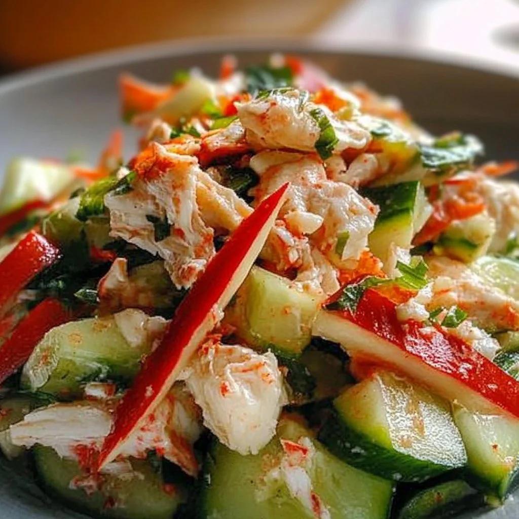 Delicious Cucumber Crab Salad with fresh vegetables and crab meat
