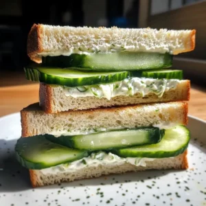 Plate of five refreshing cucumber sandwiches on a rustic table