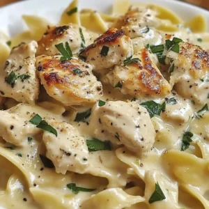 Dairy Free Chicken Alfredo served in a bowl with herbs and a sprinkle of cheese