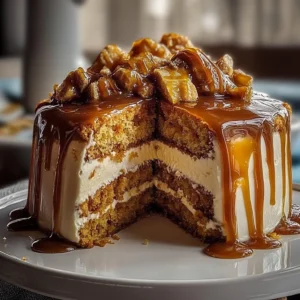 Decadent caramel cake drizzled with caramel sauce and garnished with nuts