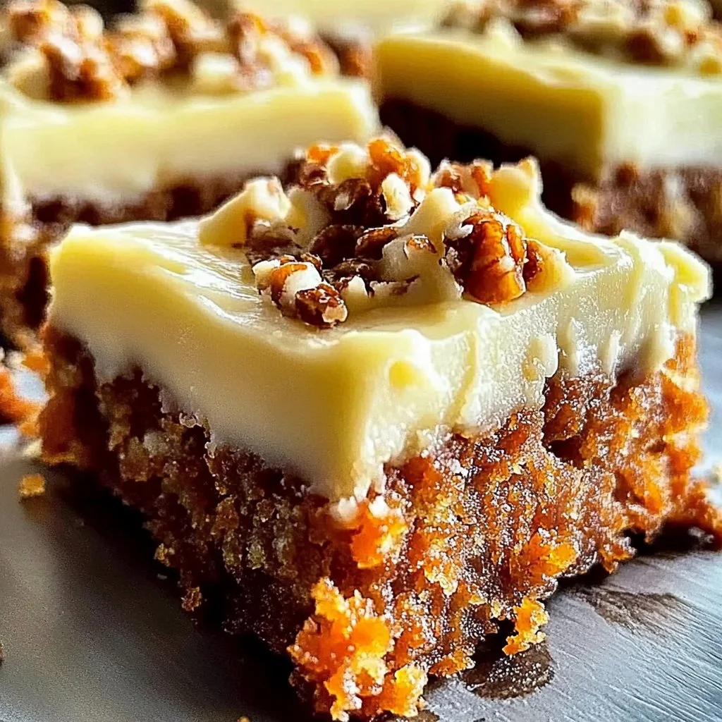 Delicious carrot cake bars drizzled with cream cheese frosting on a white plate