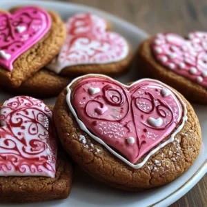 Beautifully decorated Valentine's Day cookies in heart shapes.