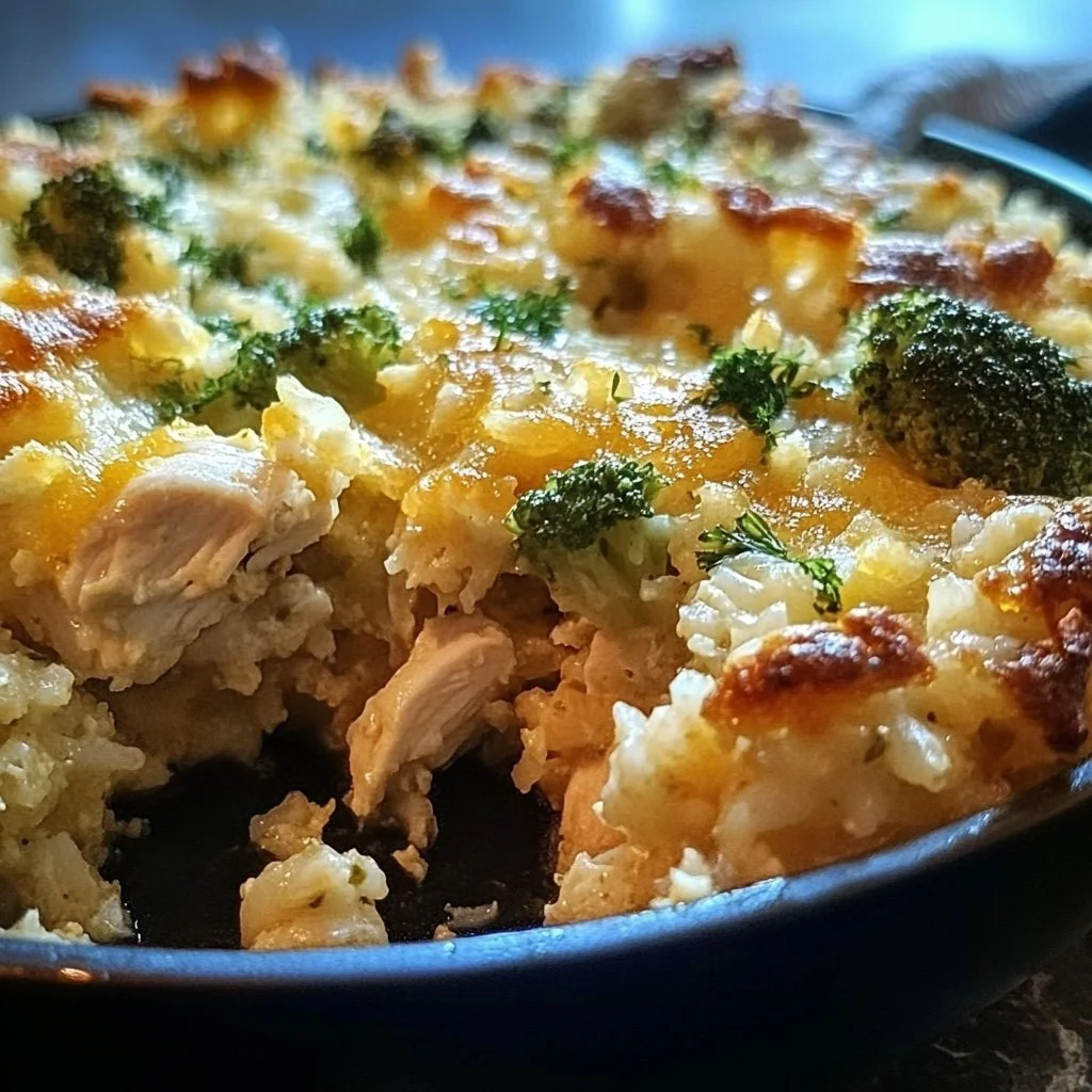 Delicious chicken cauliflower rice casserole served in a baking dish.