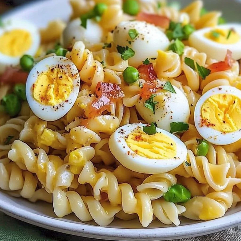 Bowl of deviled egg pasta salad topped with paprika and herbs