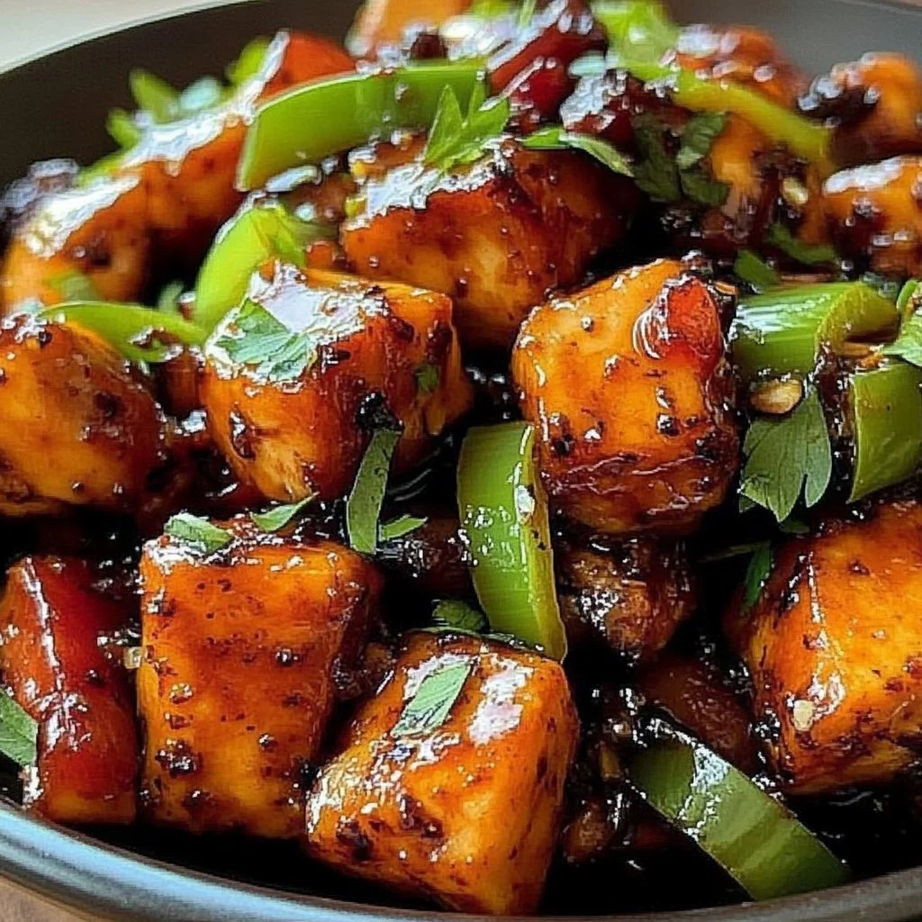 Delicious Dragon Chicken dish garnished with fresh herbs and spices.