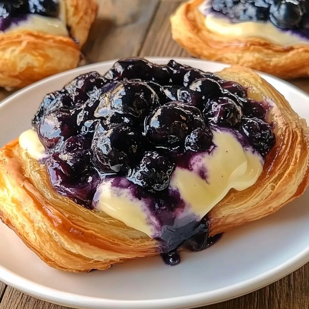 Freshly baked easy blueberry Danish pastry with blueberries and flaky crust