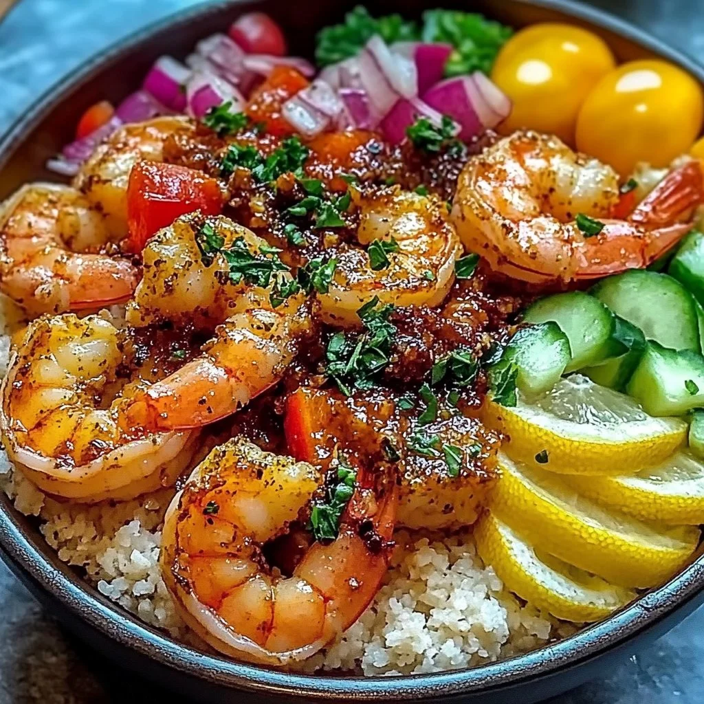 Vibrant Mediterranean shrimp bowls with fresh vegetables and herbs.