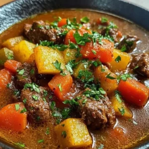 Bowl of delicious Egyptian beef goulash served with herbs and spices