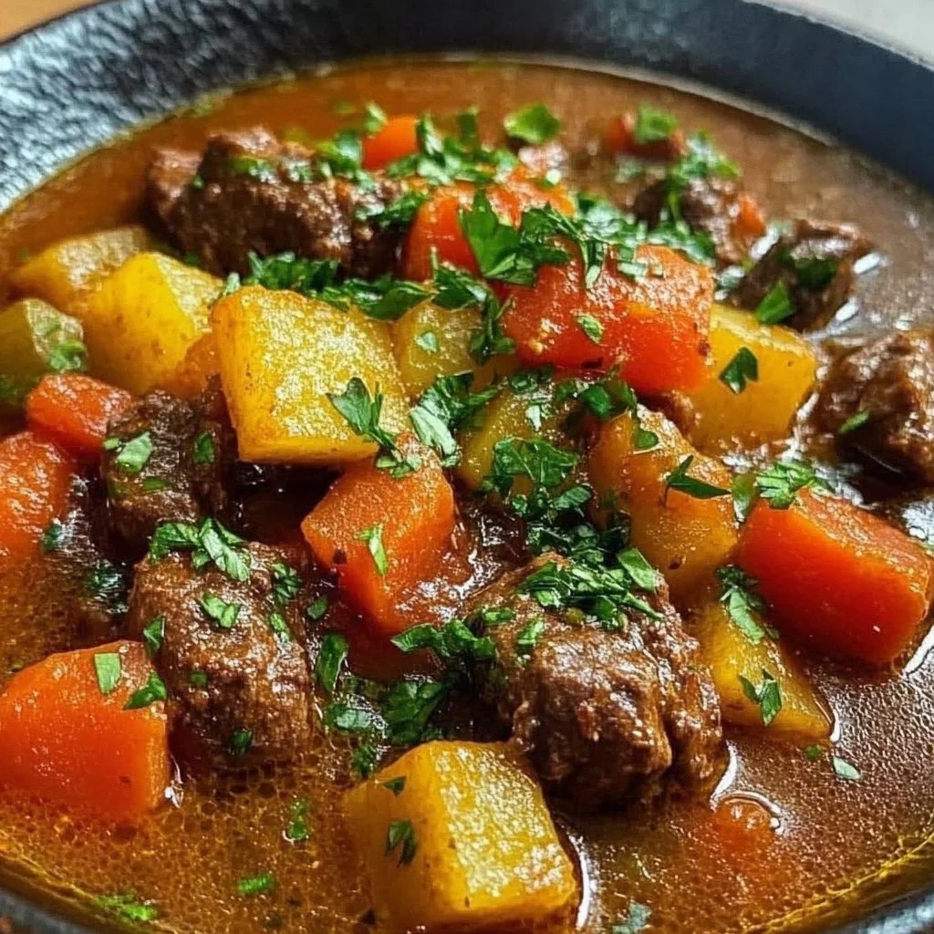 Bowl of delicious Egyptian beef goulash served with herbs and spices