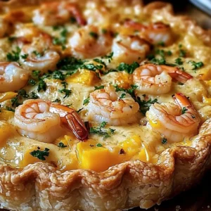 Florida shrimp cheddar pie with fresh shrimp and cheese baked in a pie crust.