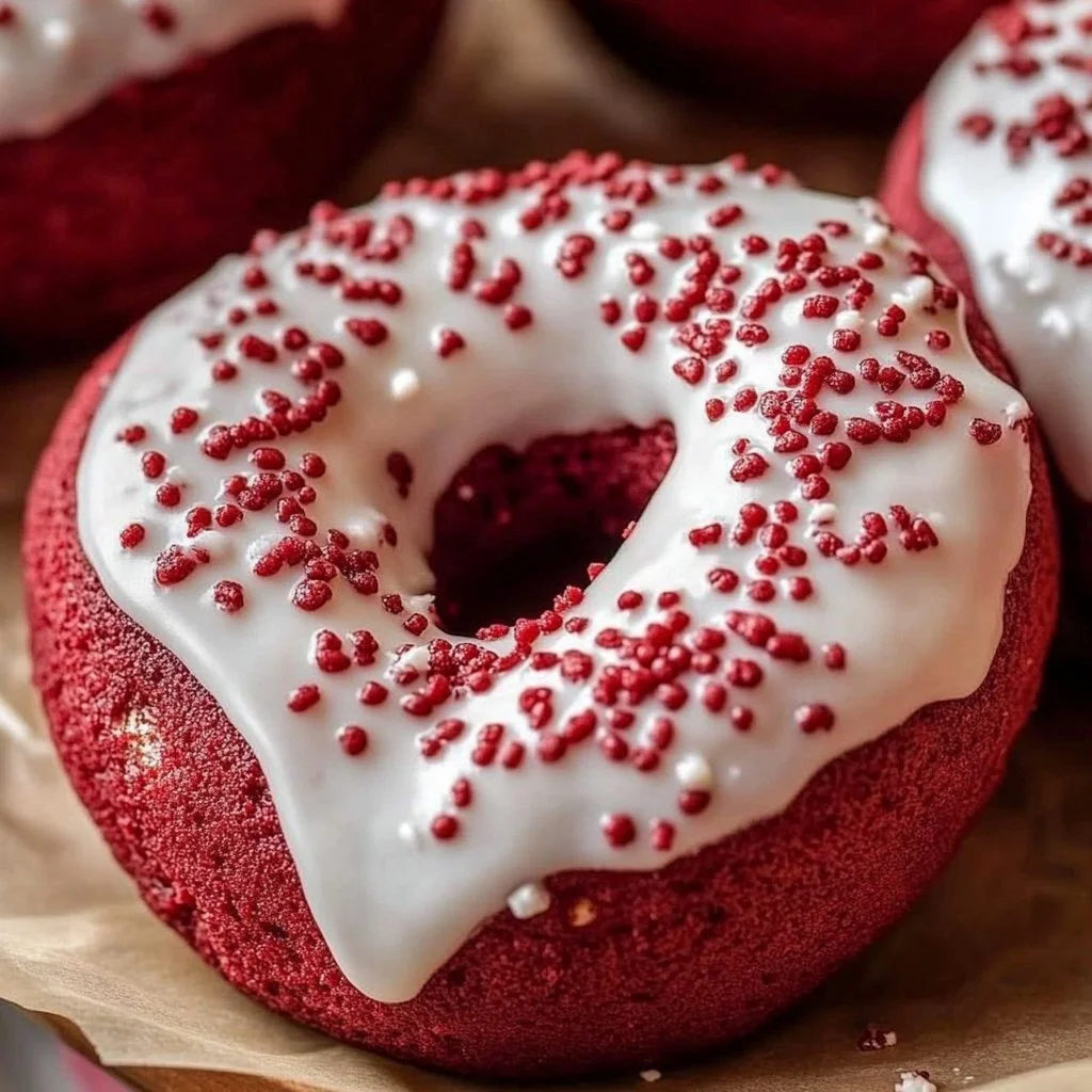 Delicious fluffy baked red velvet donuts with cream cheese glaze