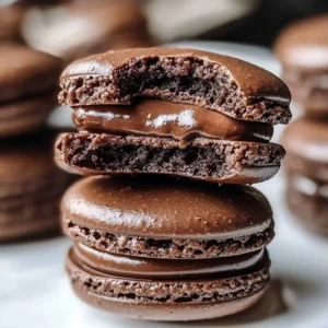 Delicious French chocolate macarons stacked on a plate