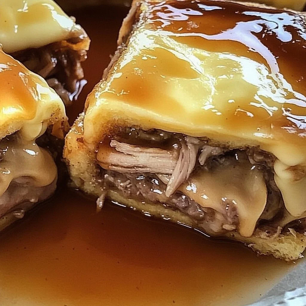 Delicious French dip squares served on a plate with dipping sauce.